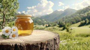Golden Honey Jar Bliss Capture the essence of nature's sweet nectar with this stunning image, showcasing a beautifully crafted honey jar perched on a rustic tree stump This idyllic scene is bathed in photo
