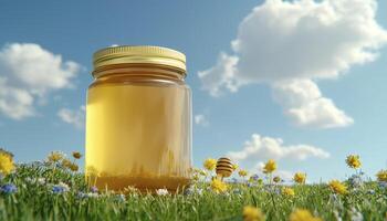 Golden Honey Jar in a Meadow A Captivating Scene of Nature's Sweetness Explore the vibrant colors of wildflowers under a clear blue sky, where a glass jar filled with pure honey rests Witness the photo