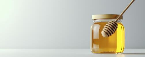 Golden Honey Jar Still Life A captivating image of a jar filled with delicious, natural honey, accompanied by a classic wooden honey dipper Perfect for showcasing sweetness, natural food products photo