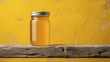 Golden Honey Jar on Rustic Wood, A Warm and Inviting Still Life, Perfect for Adding a Touch of Natural Sweetness to Your Projects This Image Showcases the Rich Color and Texture of Honey, Making it photo