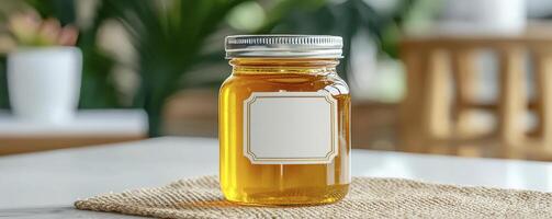 Golden Honey Jar with Blank Label Mockup on Jute Mat, perfect for showcasing your branding or product design Ideal for website banners, social media posts, and marketing materials The warm, inviting photo