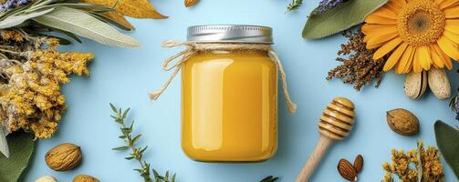 Golden Honey Jar Surrounded by Natural Floral Elements, a Light Blue Background, Capturing Sweetness, Nutrition, and the Essence of Nature, Perfect for Health, Food, and Lifestyle Blogs This Inviting photo
