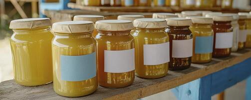 Golden Honey Jars on Rustic Shelves A Natural Sweetness Display, showcasing the rich, viscous honey in clear glass containers with labels Capturing the essence of beekeeping and the artisanal process photo
