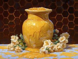 Golden Honey Pot A Stunning Still Life Oil Painting Capturing the Richness and Sweetness of Natural Honey, Showcasing a Rustic Yellow Pottery Jar Overflowing with Golden Liquid, Accented by Delicate photo