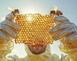 Golden honeycomb, a shining example of nature's architecture, showcases intricate hexagon patterns bathed in sunlight, creating a captivating scene of bees and honey The beekeeper, adorned in photo