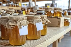 Golden Honey Jars on Wooden Display A Close-Up of Natural Sweetness, Preserved in Glass Containers and Elegantly Packaged with Rustic Fabric Covers and Blank Labels, Perfect for Display at a Farmers photo