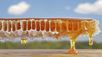 Golden Honeycomb A Close-Up of Dripping Sweetness, Showcasing the Natural Beauty of Honey, Evoking a Sense of Health and Deliciousness Discover the Intricate Details of the Honeycomb Structure photo