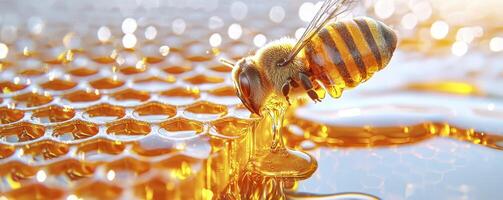 Golden Honeycomb Close-Up with Bee A Detailed Macro Shot Showcasing the Intricate Structure of the Honeycomb Cells and a Busy Bee Extracting Nectar, Emphasizing Natural Sweetness, Apiculture, and the photo