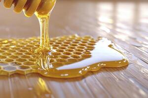 Golden Honeycomb Delight A Close-Up Capture of Dripping Honey on a Wooden Surface, Showcasing the Natural Sweetness and Intricate Textures of Bee-Made Perfection Explore the Rich Colors and Smooth photo