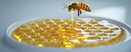 Golden Honeycomb Delight A Bee's Journey to Sweetness, Experience the natural sweetness of honey dripping from a honeycomb, showcasing the intricate work of bees and the delicious reward of their photo