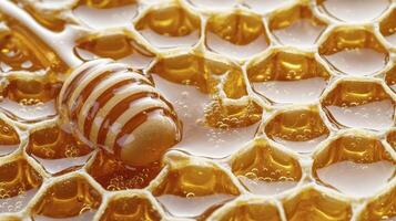 Golden Honeycomb Delight A Close-Up Look at Nature's Sweetest Creation, highlighting the intricate hexagonal cells filled with viscous, golden honey The image showcases the natural beauty and perfect photo