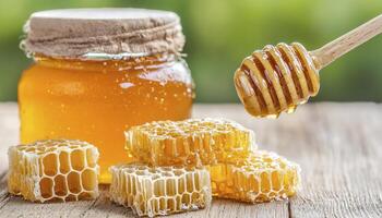 Golden Honeycomb Delight A Close-Up Capture of Nature's Sweet Nectar, Showcasing the Intricate Beauty of Honeycomb and the Rich, Amber Hue of Pure Honey Perfect for illustrating healthy eating photo