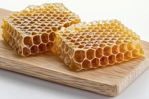 Golden Honeycomb Delight A Close-Up Capture of Nature's Sweet Structure, Showcasing the Intricate Hexagonal Cells Filled with Pure, Natural Honey, Evoking Images of Bees, Beekeeping, and the Rich photo