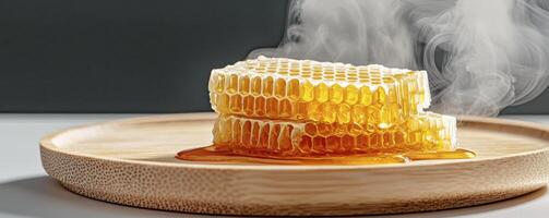 Golden Honeycomb Delight A Close-Up of Natural Sweetness and Health Benefits, Capturing the Essence of Pure, Raw Honey on a Wooden Plate with Steam, Showcasing the Intricate Details of the Beeswax photo