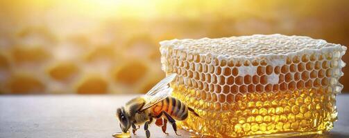 Golden Honeycomb Delight A Close-Up of Bees and Honey, Capturing the Essence of Nature's Sweetest Creation Explore the intricate details of honey cells, shimmering golden light, and busy bees photo