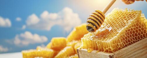 Golden Honeycomb Delight A Close-Up of Raw Honey Dripping from a Honey Dipper, Showcasing the Natural Sweetness and Intricate Structure of Honeycomb with a Blue Sky and White Clouds Background, Ideal photo