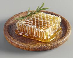 Golden Honeycomb Delight A Close-Up View of Natural Sweetness, showcasing the intricate hexagonal pattern filled with luscious honey, dripping slowly onto a rustic wooden plate, adorned with a sprig photo