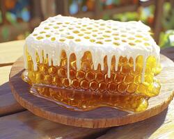 Golden Honeycomb Delight A Close-Up View of Nature's Sweet Treasure Explore the intricate details of this natural honeycomb, glistening with golden honey, as it sits gracefully on a rustic wooden photo