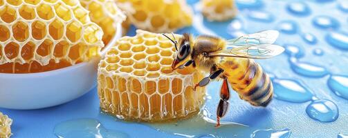 Golden Honeycomb Delight A Macro Shot of a Honey Bee Harvesting Nectar from a Fresh Honeycomb, Surrounded by Water Droplets and More Honeycombs, Ideal for Natural Food and Healthy Lifestyle photo