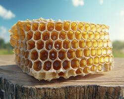 Golden honeycomb delight, a naturally sweet treasure from the hive, showcases intricate hexagonal cells filled with pure, golden nectar, captured in a sun-drenched meadow scene, evoking warmth and photo