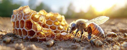 Golden Honeycomb Delight Witness the intricate dance of a honeybee as it diligently works on the golden honeycomb, a testament to nature's sweet creations The warm sunlight bathes the scene, casting photo