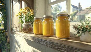 Golden Preserves on a Sunny Window Sill Capturing the Essence of Home Canning and Seasonal Abundance, This Image Celebrates the Joy of Preserving Nature's Bounty Brighten Your Space with the Warmth photo
