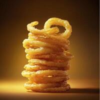 Golden Stack of Crispy Onion Rings A Delicious Culinary Delight Indulge in the savory goodness of these perfectly fried rings, showcasing their tempting texture and irresistible flavor This photo
