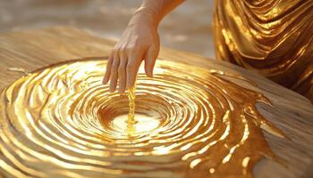 Golden Liquid Vortex An Abstract Exploration of Fluid Dynamics and Texture Witness the mesmerizing swirl of viscous, honey-like substance as it forms a captivating whirlpool on a textured surface photo