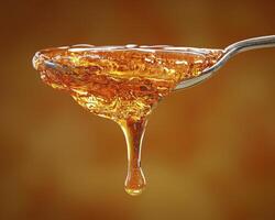 Golden Syrup Delight A Close-Up Capture of Viscous Sweetness Dripping from a Spoon, Evoking Thoughts of Breakfast, Desserts, and Natural Sweeteners Explore the Rich Texture and Amber Hue of This photo
