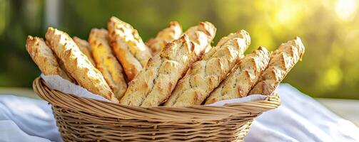Golden-Brown Breadsticks in Wicker Basket, a Culinary Delight These Crispy Breadsticks Are Served on a White Cloth, Perfect for Dipping or Snacking Enjoy This Delicious Treat at a Picnic, Brunch, or photo