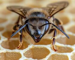 Honeybee Macro Photography A Captivating Close-Up of a Bee on a Honeycomb, Showcasing Intricate Details of its Anatomy and the Geometric Perfection of the Wax Cells, Emphasizing the Vital Role of photo