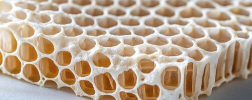 Honeycomb Structure Close-Up Explore the intricate details of a honeycomb, showcasing its natural hexagonal cells A beautiful example of nature's perfect geometry and architectural marvel See the photo