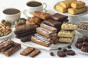 Indulge in a delightful assortment of fresh-baked treats and aromatic coffee, a symphony of flavors crafted with love, perfect for any occasion, showcasing the warm textures of rich brownies, fluffy photo