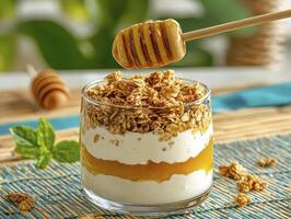 Indulge in a Healthy and Delicious Breakfast Delight A Captivating Image of Yogurt Parfait with Honey and Granola Discover the perfect combination of creamy yogurt, sweet honey, and crunchy granola photo