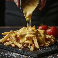 Indulge in Deliciousness A Captivating Close-Up of Golden French Fries Drenched in Creamy, Melted Cheese Sauce, Garnished with Fresh, Vibrant Tomatoes, Perfect for Food Lovers and Culinary photo