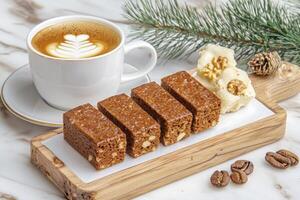 Indulge in the delightful combination of freshly brewed coffee and delicious homemade brownies, perfectly arranged on a rustic wooden board alongside creamy walnut butter, creating a cozy and photo