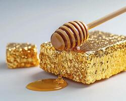 Indulge in the golden sweetness of nature's nectar with this captivating image of honeycomb and honey Witness the intricate details of the beeswax cells, glistening with the rich, amber-colored photo