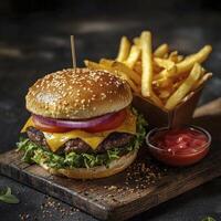 Indulge in the quintessential American comfort food experience with this meticulously crafted burger and fries image A juicy, perfectly grilled patty rests between sesame seed buns, adorned with photo