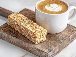 Indulge in the simple pleasures of life with this captivating image showcasing a delicious peanut bar and a perfectly crafted cup of coffee This scene evokes warmth, comfort, and a moment of pure photo
