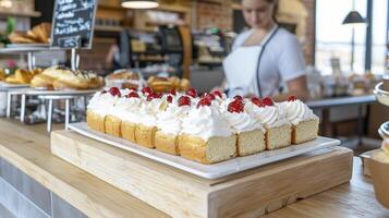 Indulge in the sweet allure of freshly baked delights at our charming bakery Savor the luscious slices of raspberry topped cream cake, a symphony of flavors and textures that will tantalize your photo