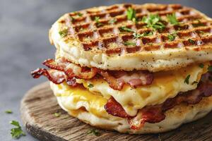 Indulge in the ultimate breakfast treat with this mouthwatering waffle sandwich, featuring crispy bacon, melted cheese, and a perfectly cooked egg nestled between two golden-brown waffles This photo