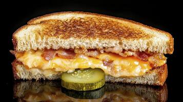 Indulge in the ultimate comfort food experience with this captivating image of a freshly made grilled cheese sandwich, oozing with melted cheddar and crispy bacon strips, perfectly complemented by a photo
