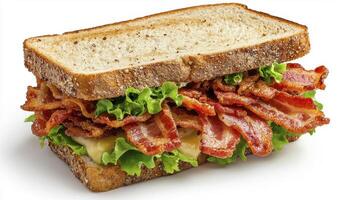 Indulge in the ultimate comfort food experience with this delectable bacon, lettuce, and tomato sandwich, expertly crafted with crispy, savory bacon strips, fresh, crisp lettuce leaves, juicy, ripe photo