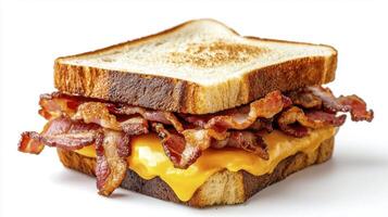 Indulge in the ultimate comfort food with this delectable bacon and cheese sandwich, a culinary masterpiece featuring crispy, savory bacon strips layered over melted cheddar cheese between perfectly photo