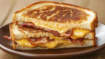 Indulge in the ultimate comfort food with this mouthwatering grilled cheese sandwich featuring crispy bacon and melted cheddar A golden-brown delight, it's the perfect blend of savory and cheesy photo