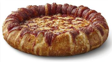 Indulge in the ultimate culinary delight with this captivating image of a mouthwatering pizza, featuring a unique, extra-thick crust and a generous topping of savory pepperoni, perfectly baked to photo