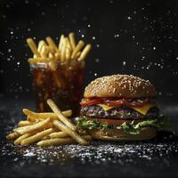 Indulge in the ultimate culinary experience with this mouthwatering burger and fries combination, a perfect symphony of flavors and textures that will tantalize your taste buds and leave you craving photo