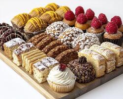 Indulge in the visual feast of assorted pastries, where delectable cakes, muffins, and cookies come together on a wooden tray, an exquisite dessert assortment perfect for any occasion, each piece photo