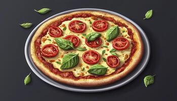 Indulge in the visual delight of a mouthwatering pizza image, capturing the essence of Italian cuisine This delectable creation showcases vibrant tomatoes, fresh basil, and a generous layer of melted photo