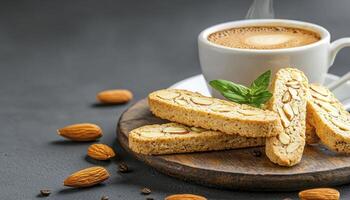 Indulge in the warm embrace of a steaming cup of coffee paired with delectable biscotti, perfectly capturing the essence of a cozy morning ritual, showcasing the rich aromas and delightful textures photo